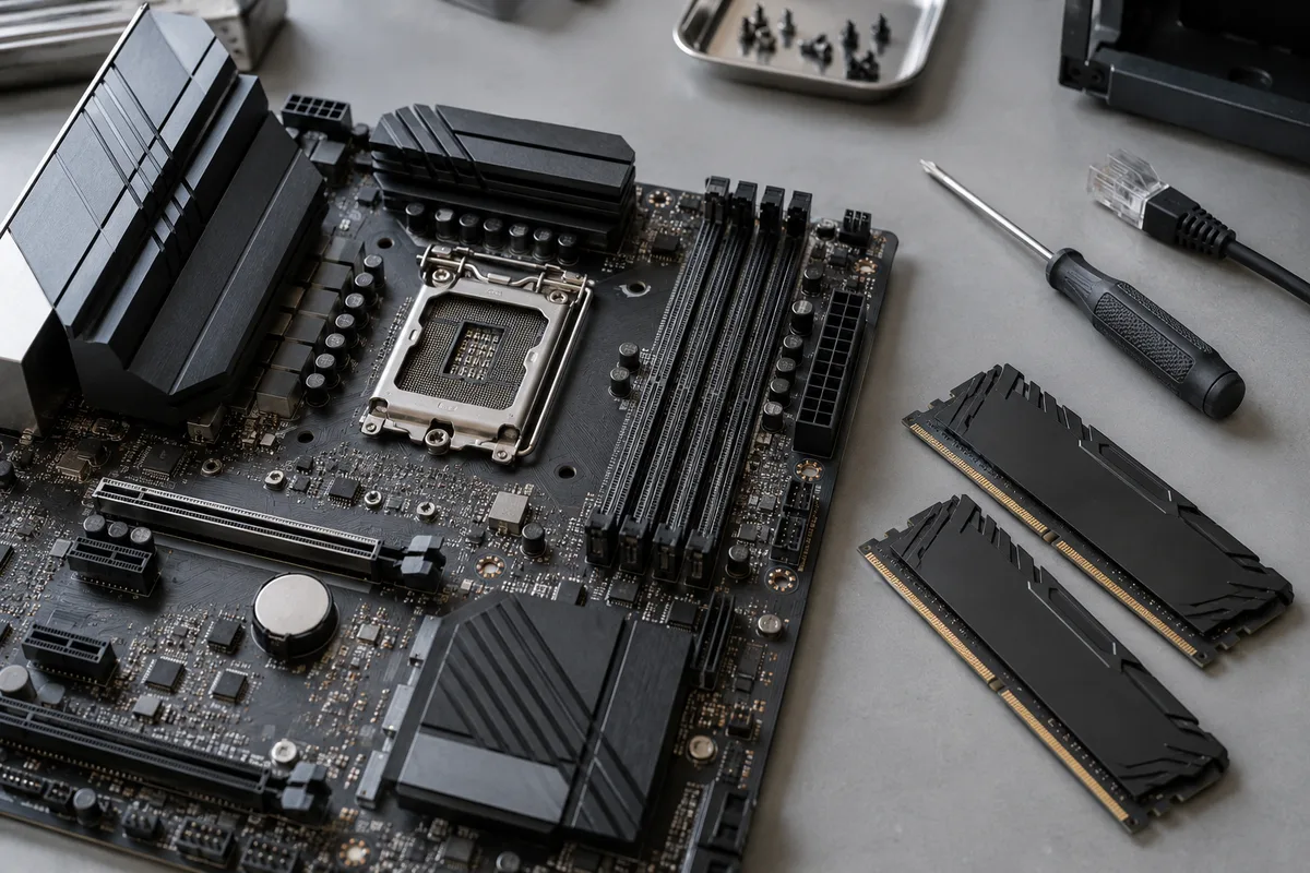 マザーボードとメモリーを作業台に並べた機材イメージ